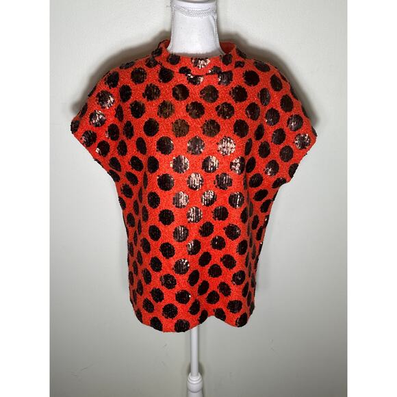 ANN MASHBURN Sweaters - Ann Mashburn Orange W Brown Sequin Polka Dot Sweater Top Sz S